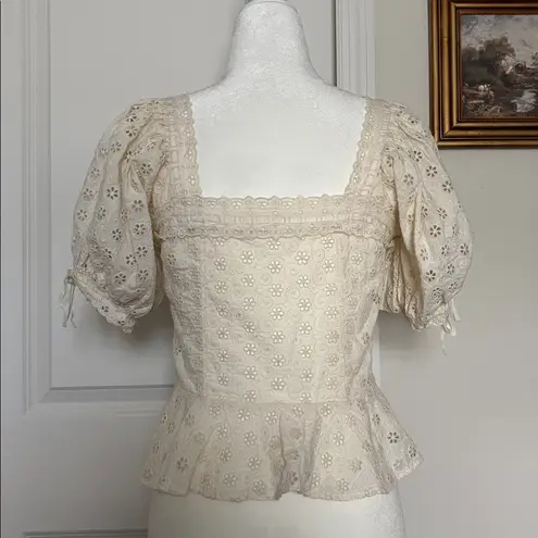 DOEN 🏹Docia Top Nutmilk EUC Cream eyelet puff sleeve top bow ribbon size small White