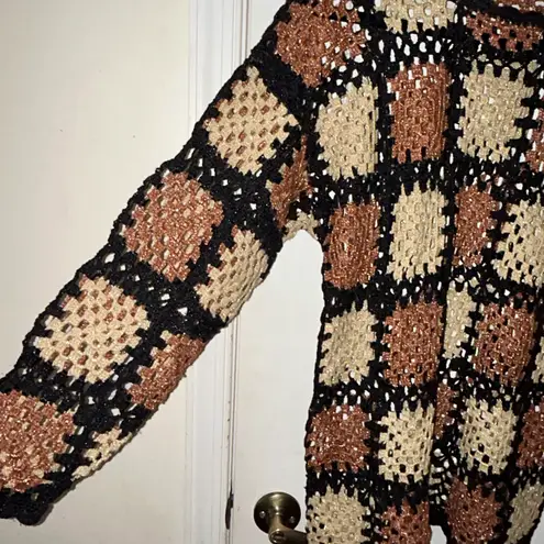 Northeast Knitters NEK Metallic Crochet Block Squares Knit Sweater