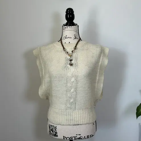 Ivory Cable Knit Sweater Vest Sleeveless Cropped Top Tank Cottagecore Size L