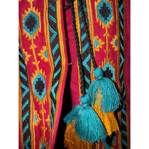 World Market Embroidered Puff Sleeve Jacket L/XL Southwestern Boho Aztec Gauzy Red