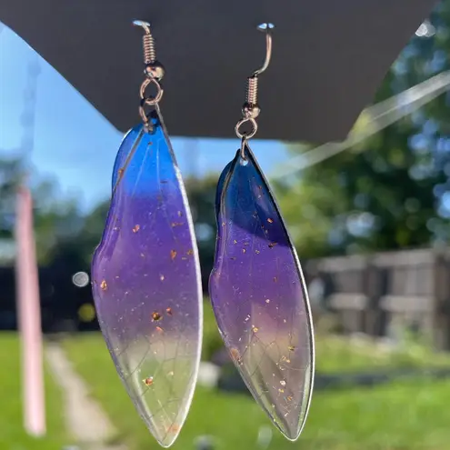 Fairy wings purple blue Ombre drop earrings gold sparkles wing New cottagecore