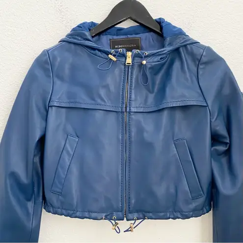 BCBGMAXAZRIA  Blue Cropped Hooded 100% Leather Jacket Size XS