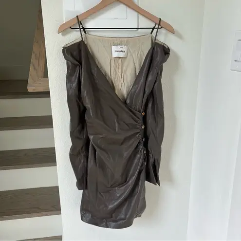 Nanushka Moha Faux Leathet Long Sleeve Off the Shoulder Mini Dress in Brown Size XS