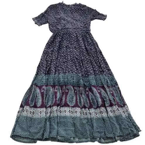 Eshakti Dress Womens 6 Purple Blue Boho Paisley Maxi Rayon Cotton India Printed