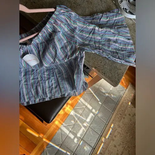 See By Chloe Off the Shoulder Striped Linen Top