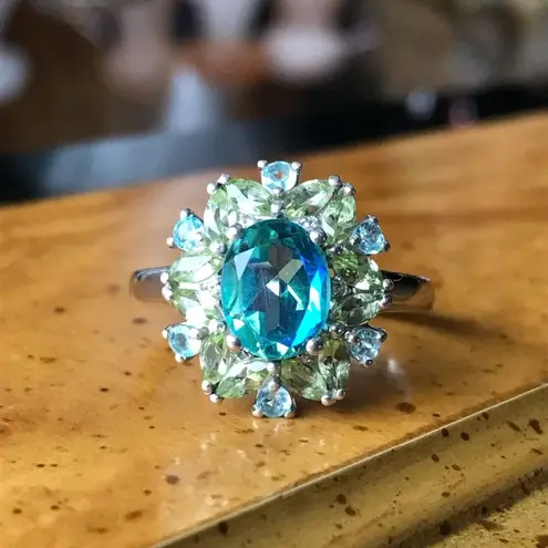 Peacock Quartz Peridot Sterling Silver Cocktail Ring Size 10 Blue