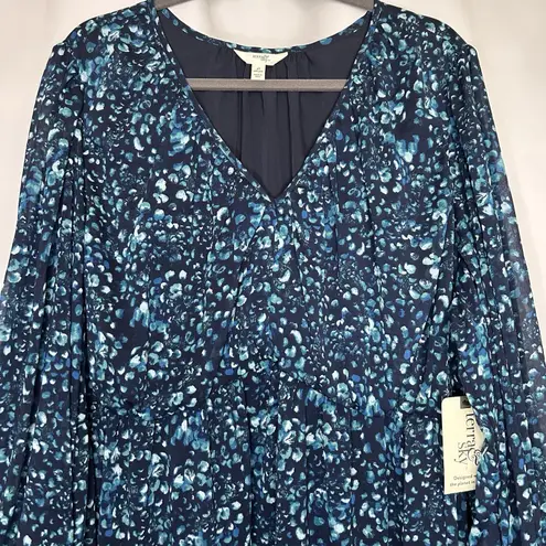 Terra & Sky Dress 4X Semi Sheer Lined Flowey Blue Dots Long Sleeve Chiffon