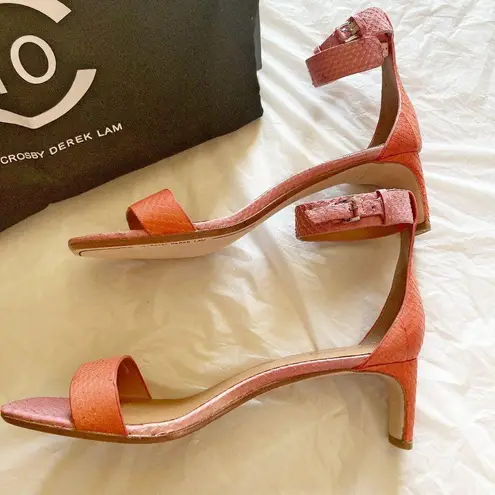 10 Crosby by Derek Lam pink watermelon snake print ankle buckle heeled sandals Size 9.5