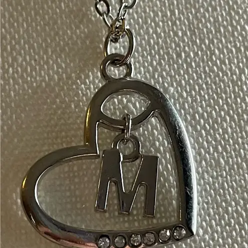 Silver Heart Pendant With Letter M Inside With Small White Stone Necklace