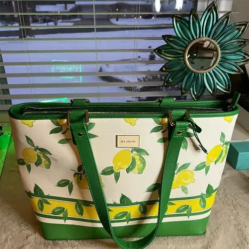 St. John Women's Lemon Print Tote Bag with Green Accents and Zip Closure