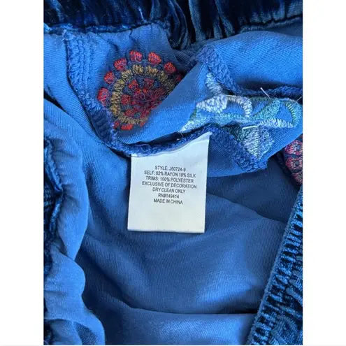 Johnny Was Velvet Wide Leg Pants Embroidered Blue Silk Blend NEW