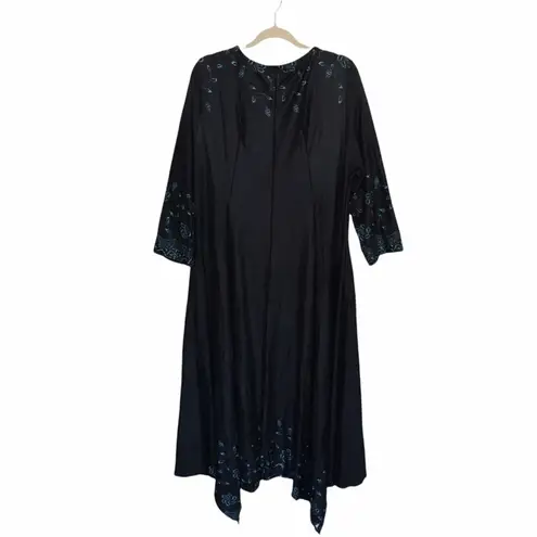 Reborn Midi Dress with Batwing Hem and 3/4 Sleeves Black Turquoise Floral 3X