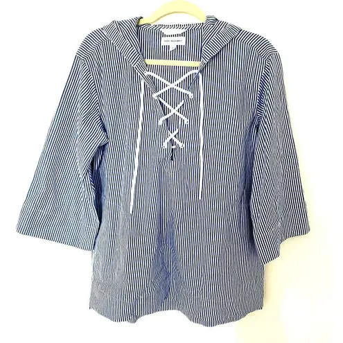 Free Assembly Oversized Striped Lace Up Cotton Hooded Blouse Top Sz S Blue