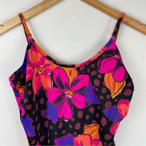 Vtg Abstract Print One Piece Swim Sz 14 Hawaiian Floral Dot Print Black