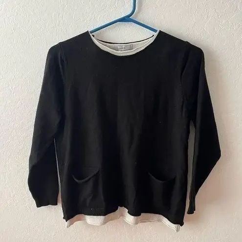 Black White Cotton Knit Crewneck Sweater