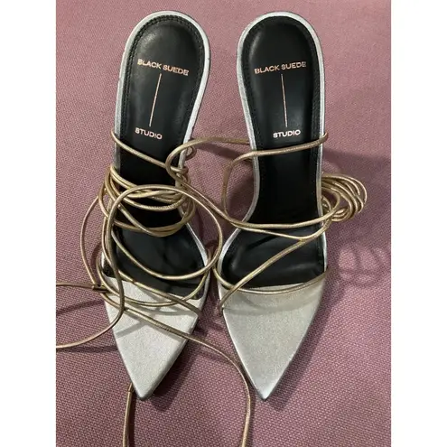 Black Suede Studio Talia Heel Pointy Sandal in Silver Gold 39 New with Box Women Size 8