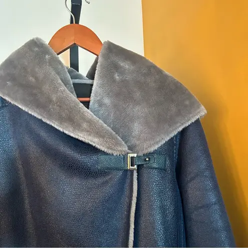 Adolfo Dominguez Faux Suede Fur Coat Off Center Fastening Buckle Hood 36 Size S Blue
