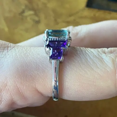 Teal Color Changing Fluorite Amethyst Art Deco Ring Size 8 Silver
