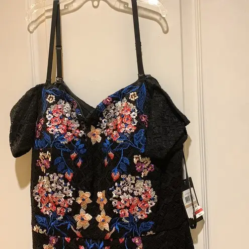 Guess Dress Black Lace with adjustable Straps and Embroidery on Front