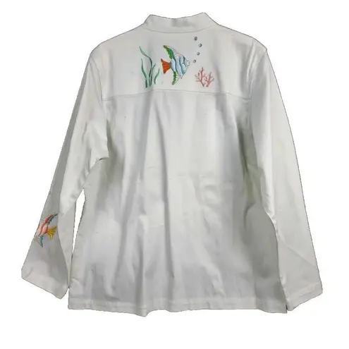 Quacker Factory White Jacket Medium Fish Embroidered Rhinestone