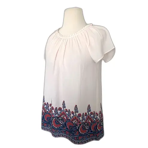 LOFT Fan Floral Light Pink Crewneck Blouse Short Sleeve Lightweight Top Sz S