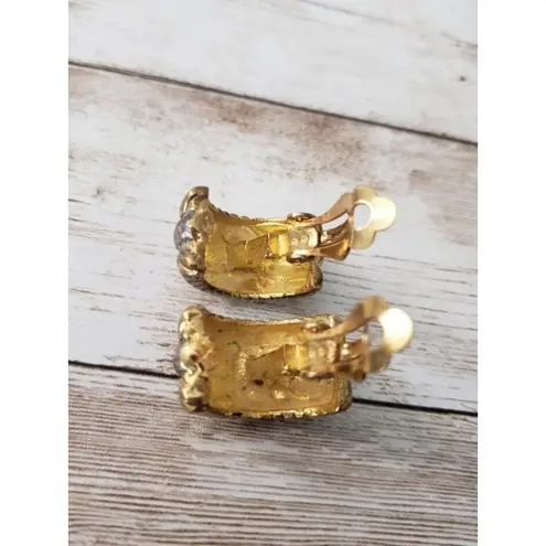 Vintage Clip On Earrings Chunky Hoops Pattern Gold Tone, Silver Tone Center