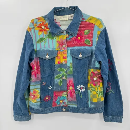 Susan Bristol Vintage Bright Hand Painted & Embroidered Floral Jean Jacket Retro