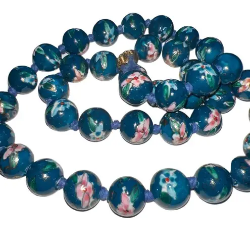 Chinese Export Hand Painted Floral Turquoise Vtg Porcelain Bead Necklace Blue