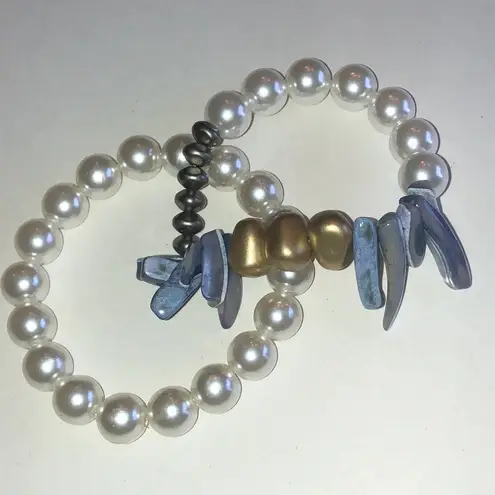 Elegant Faux Pearl and Shell Beaded Boho Bracelet Set White thumbnail 1