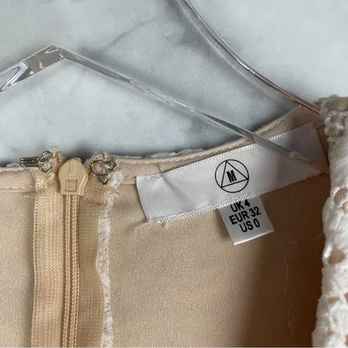 Missguided Lace Plunge V Neck Long Sheer Sleeve Bodycon Mini Dress White Boho 0