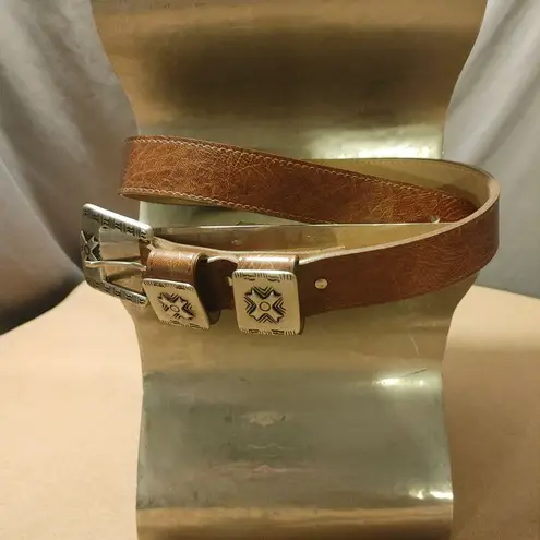 Leather Brown Belt Size 30 Conchos Intricate Silvertone Buckle Canada Vintage Silver