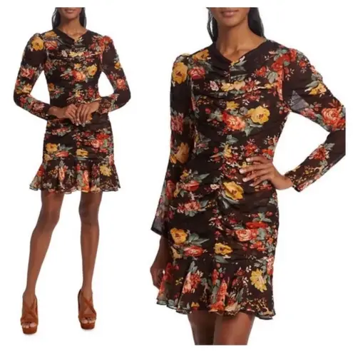 Veronica Beard Hedera Silk Floral Ruched Mini Dress Oxblood Long Sleeve 6 NWT