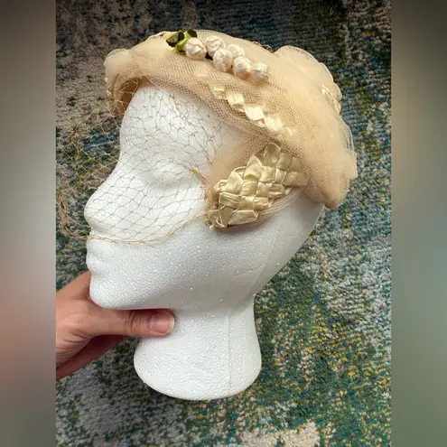 Vintage woven face veil floral bridal wedding headpiece hat Tan