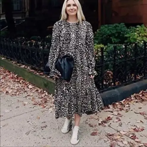 Sandy Liang Dress Women XXS Black White Cotton Leopard Print Ruffle Midi NWT