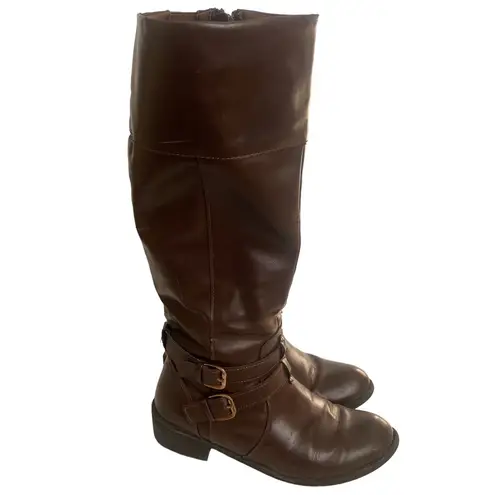 AZ Denver Faux Leather Brown Calf Heeled Zippered Womens High Fashion Boots 8M Size 8