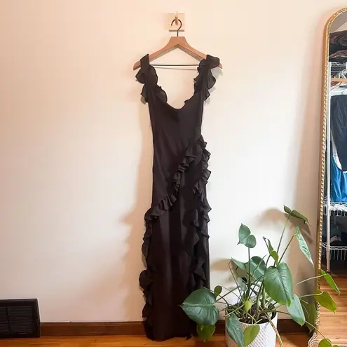 House Of CB NWOT  ARIELA Espresso Ruffle Maxi Dress Size S