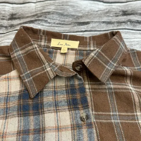 Love Note Love Notes Women's Cropped Mixed Patchwork Flannel Shirt L LG Large Brown Grey