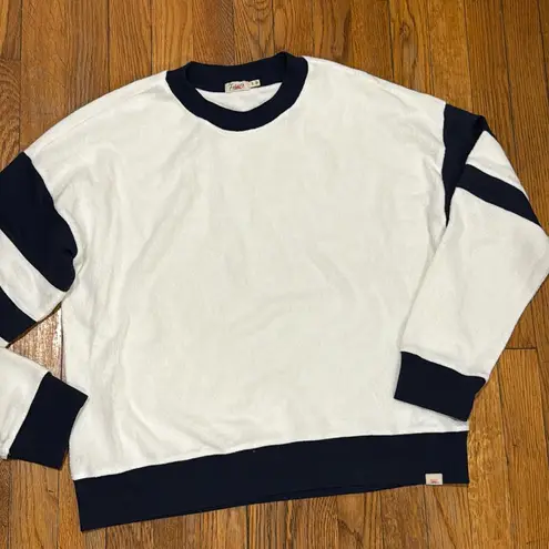 Faherty Beach Fleece Ringer Crewneck Sweatshirt White & Navy Blue M - Image 2
