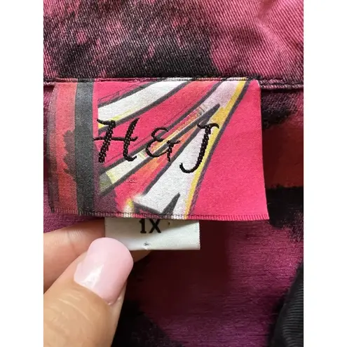 H&J Women Size 1X Water Color Print Denim Jean Jacket Artsy Buttons Cotton City