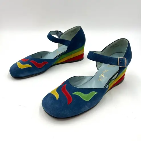 Vintage Rhea Nichols Suede Wedges Mary Jane Shoes Blue Rainbow Memphis Size 9