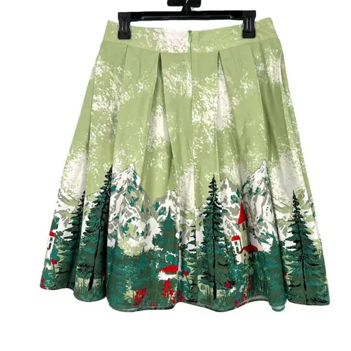 Alpine Scenic Winter Print Green Pleated Full A