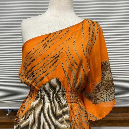 Bisou Bisou 8 // NWT Orange Tiger Stripe Print One Shoulder Mini Dress