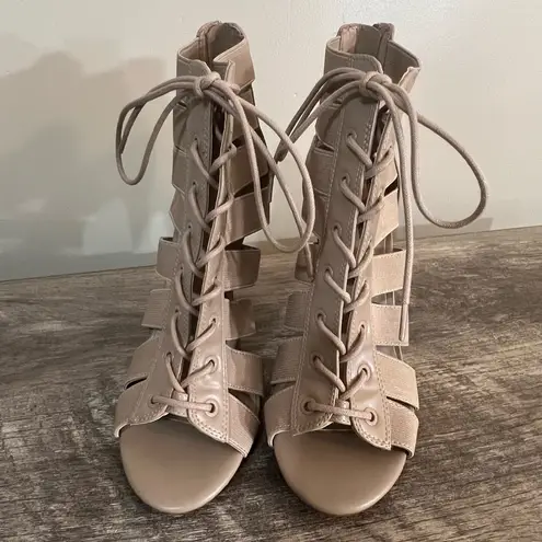 mix no. 6  Anunia Strappy Stiletto Lace Up Heels Shoes Women’s Size 8 Beige Tan