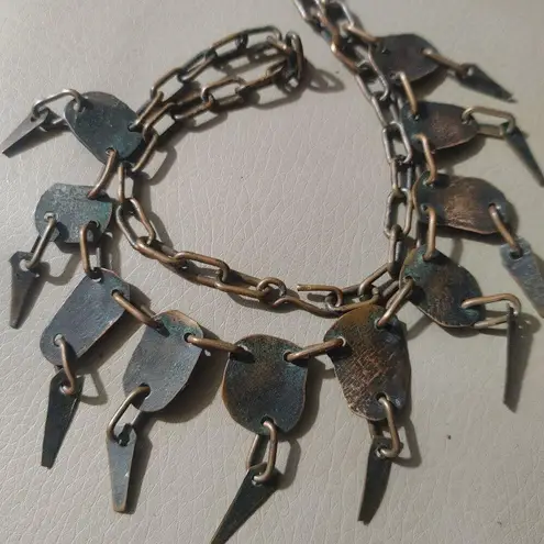 Vintage Brass Bib Necklace Etched Abstract Adjustable Chain Tribal Statement