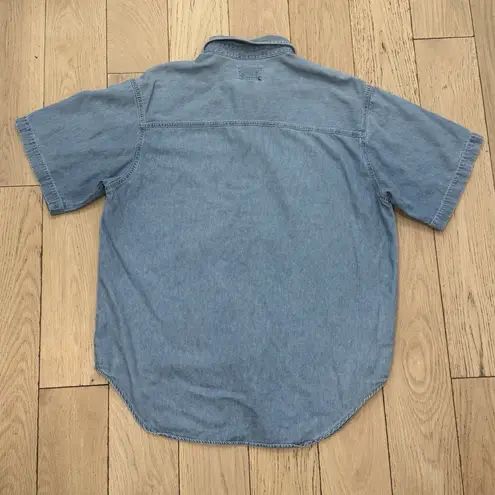 Vintage Denim Shirt Short Sleeve Women's L Embroidered Animal Scene Noah's Ark Blue Size L