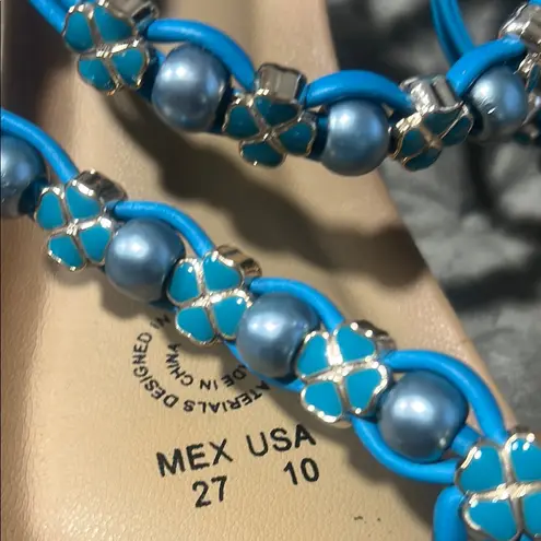 Vittorio D’ Firenze Blue and Tan Beaded Sandals with Ankle Strap made in Italy Size 10