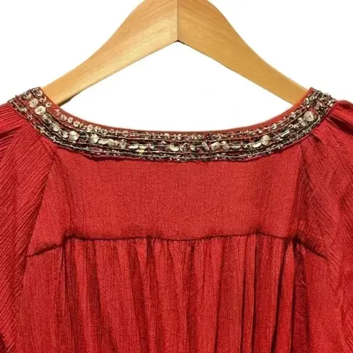 En Crème Burnt Red Front Tie Blouse Beaded Collar Size Medium