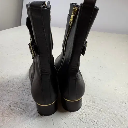 Source Unknown Black Leather Ankle Boots Gold Buckle Zip Side Elastic Ankle Booties Size 75B
