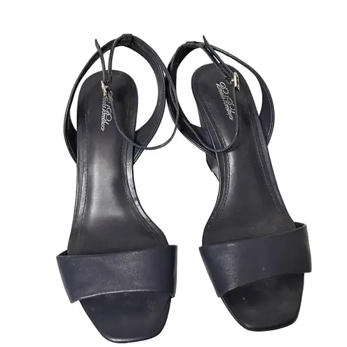 Brooks Brothers Leather Ankle-Strap Open-Toe Wedges Navy Blue Size 8.5