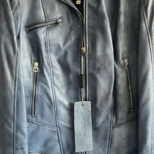 Italian Womans Blue Leather Zip Up Jacket Made by CURGÈ size LG EU 46 NWT W7